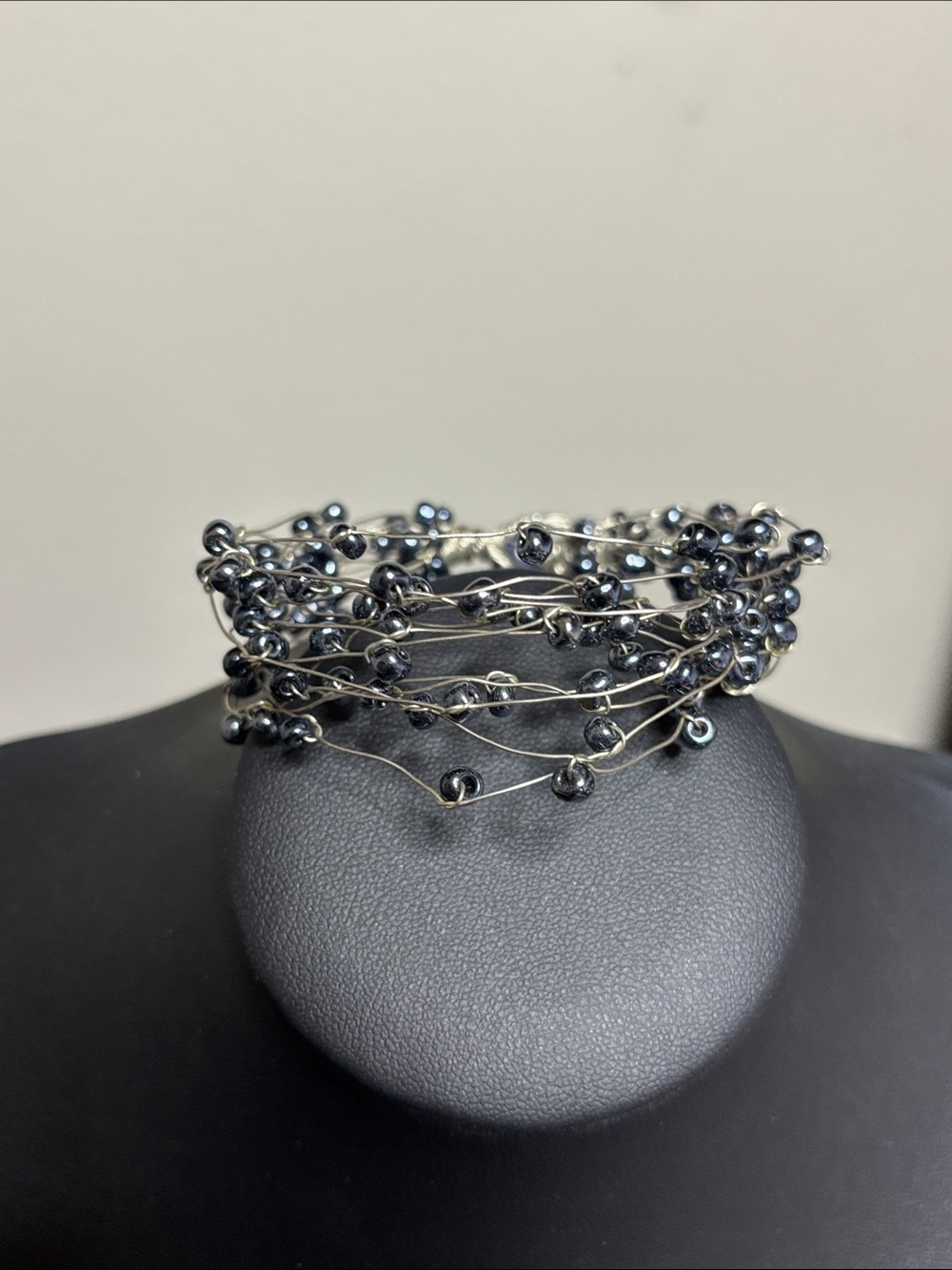 Handcrafted Multi-Strand Beaded Wire Gray Mini Pearl Bracelet Silver Tone